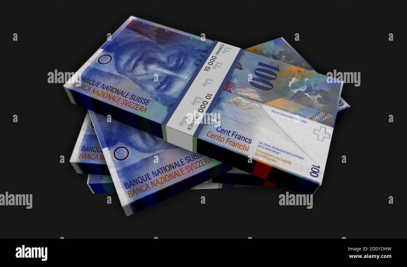 Schweizer Franken, Geldpaket 3d-Illustration. Schweiz 100 CHF Banknotenbündel Stapel. Konzept der Finanzen, Bargeld, Wirtschaftskrise, Geschäftserfolg, reces Stockfoto