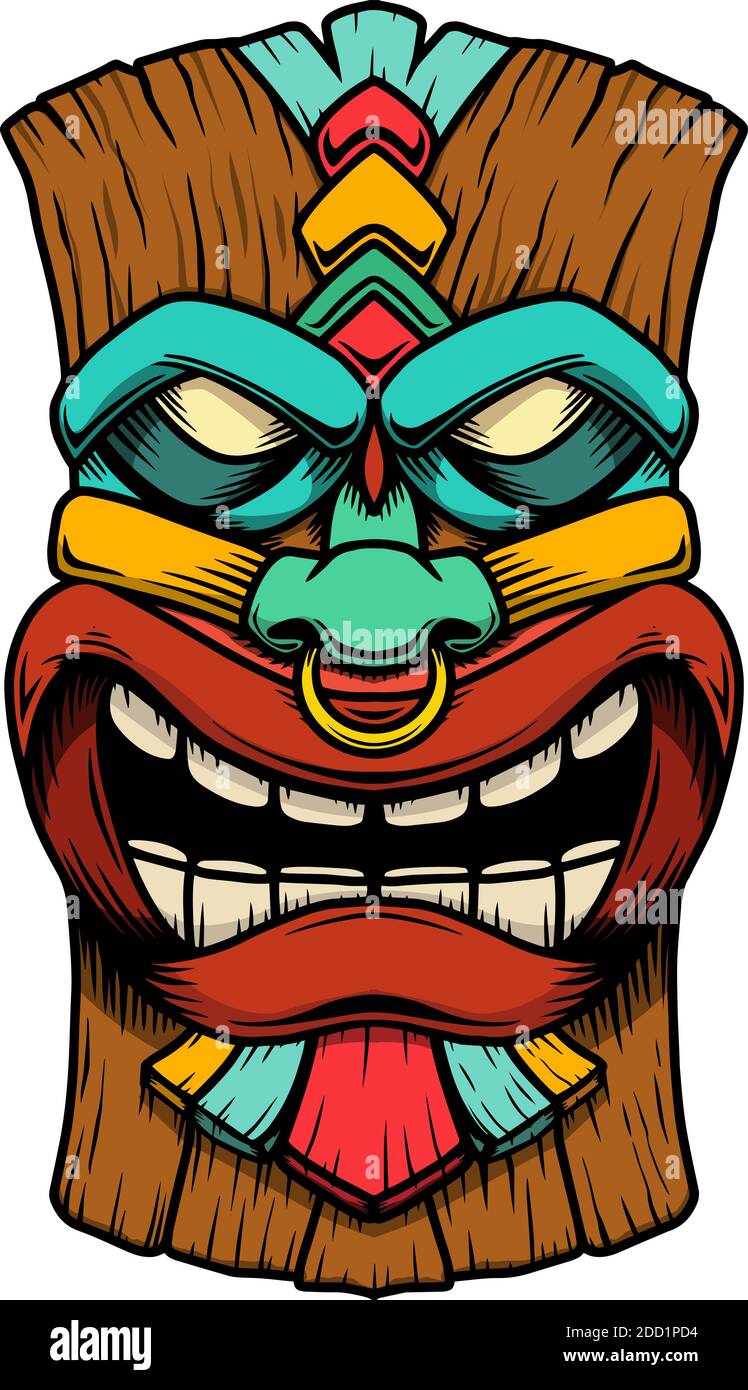 Illustration der Tiki Tribal Holzmaske. Gestaltungselement für Logo, Emblem, Schild, Plakat, Karte, Banner. Vektorgrafik Stock Vektor