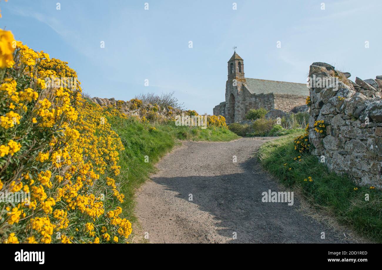 Außenansicht der St. Mary's Kirche in Lindisfarne, England. Stockfoto