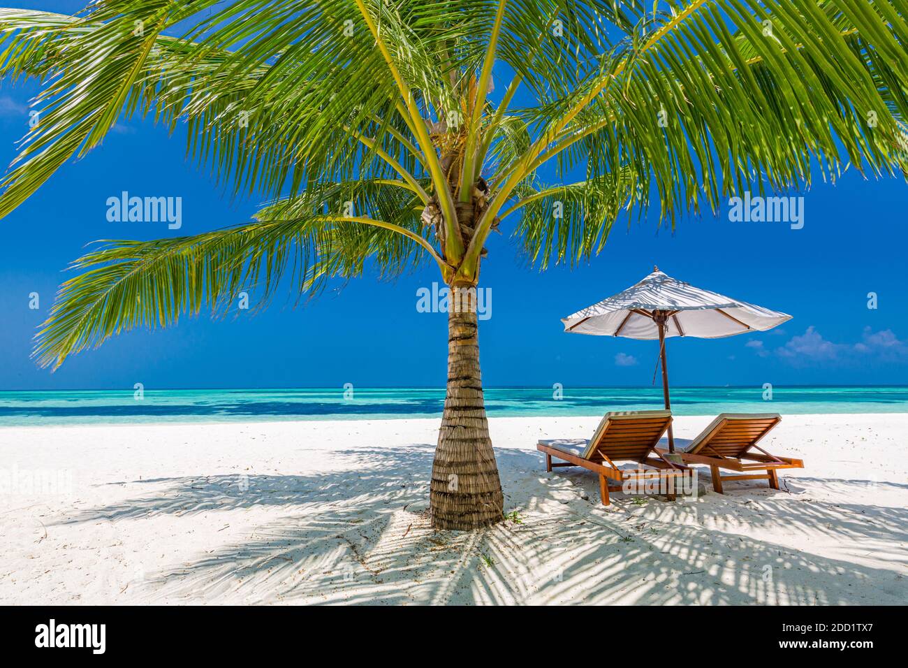 Tropisches Paradies Strand mit weißem Sand und Kokopalmen Reise Tourismus breiten Panorama Hintergrund. Luxus Urlaub und Urlaub Banner tropischen Strand Rest Stockfoto