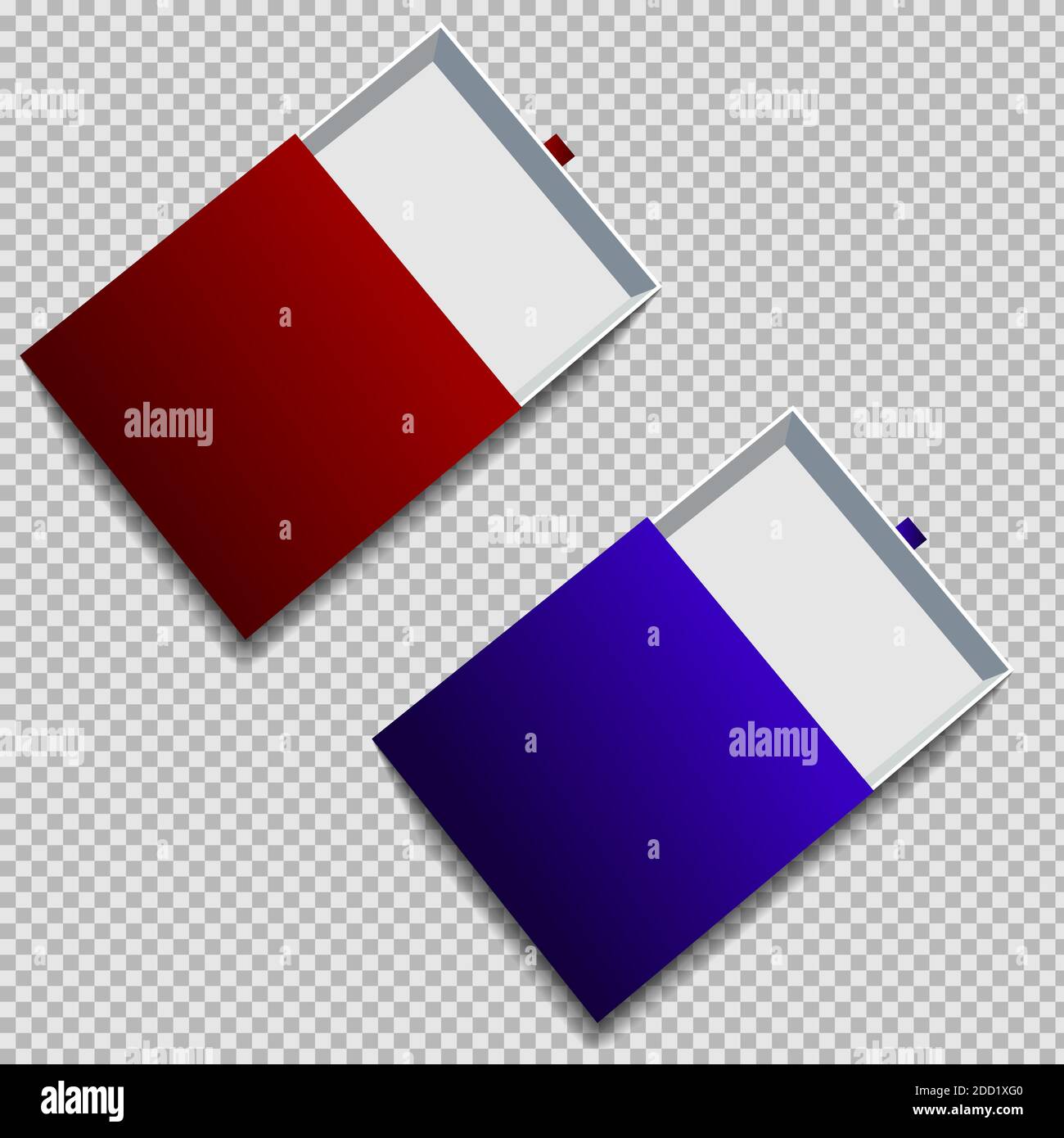 Rot und blau realistische Paket Karton Schiebebox geöffnet. Für kleine Gegenstände, Streichhölzer und andere Dinge. Vektorgrafik Stock Vektor