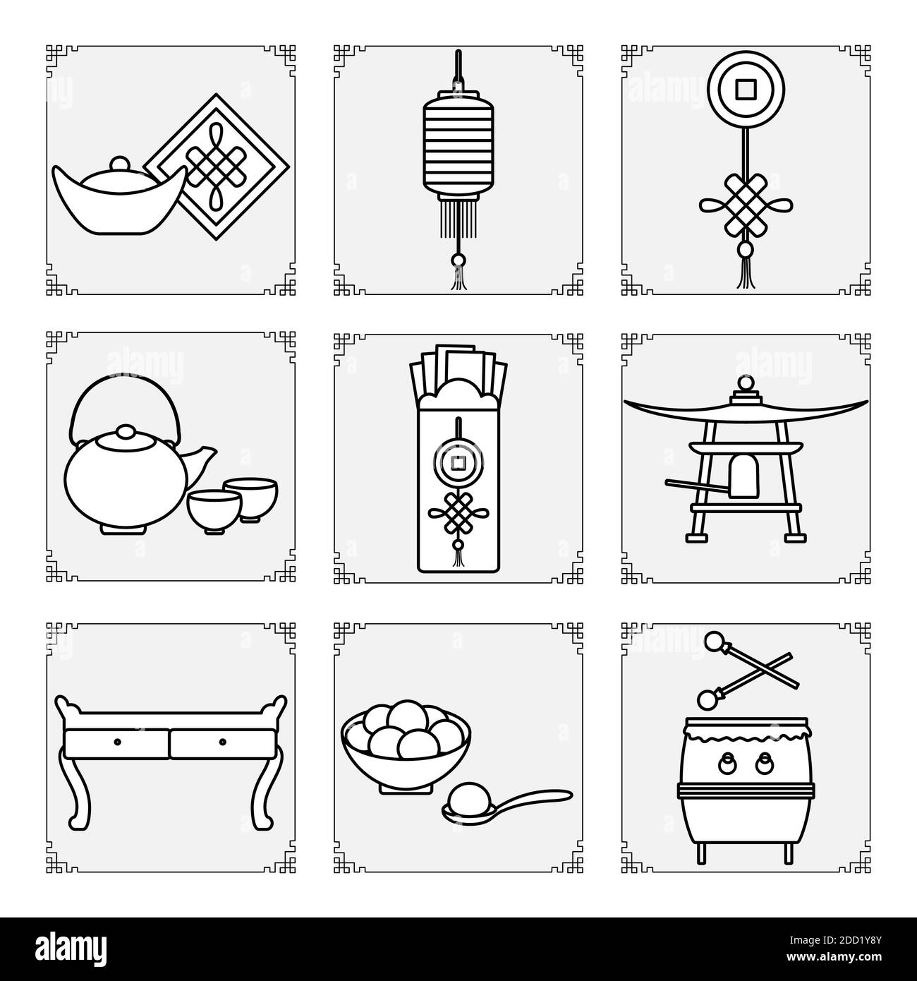 Symbole des chinesischen Neujahrs 2021 Vektor-Illustration Chinesische Laterne, Trommel, Glocke, Ingot, Lebensmittel süß Reisbälle tangyuam, Münze, Tisch, Teekanne, Tassen Stock Vektor