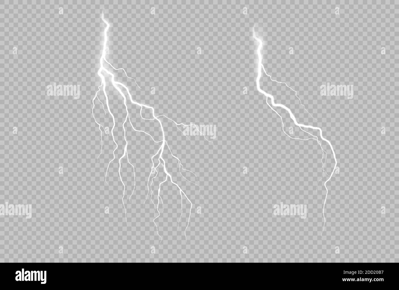 Realistische Kollektion mit Gewitter auf transparentem Hintergrund. Realistischer Vektor-Vektor setzt Blitzschlag. Gewitter Stock Vektor