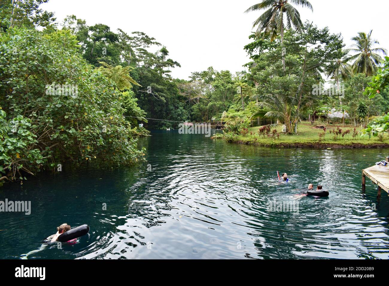 Thar Secret Blue Hole, ein natürlicher Dschungel umschlossener Quellwasserteich in Espiritu Santo in Vanuatu. Besucher schwimmen im Wasser mit aufblasbaren Ringen. Stockfoto