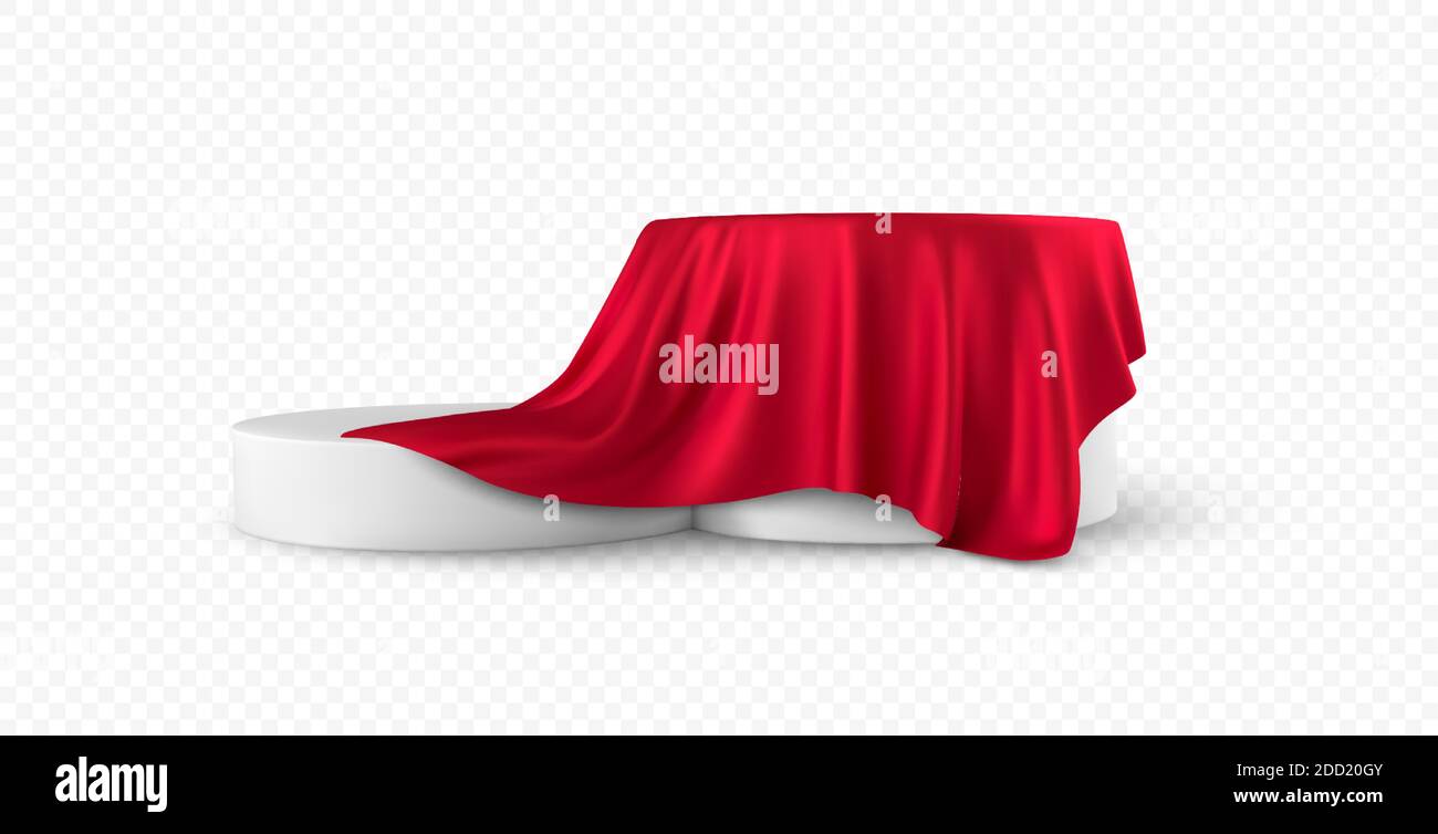 Realistische 3d runde weiße Produkt Podium Display bedeckt roten Stoff drapiert Falten isoliert auf weißem Hintergrund. Vektorgrafik Stock Vektor