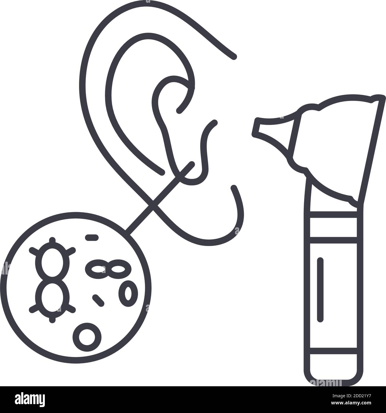 Ohrinfektion Symbol, lineare isolierte Illustration, dünne Linie Vektor, Web-Design-Zeichen, Umriss Konzept Symbol mit editierbaren Strich auf weißem Hintergrund. Stock Vektor
