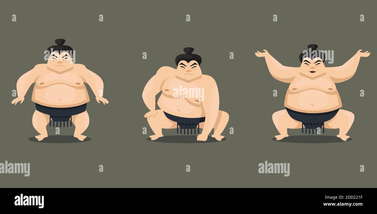 Sumo Wrestler in verschiedenen Posen. Männliche Figur im Cartoon-Stil. Stock Vektor