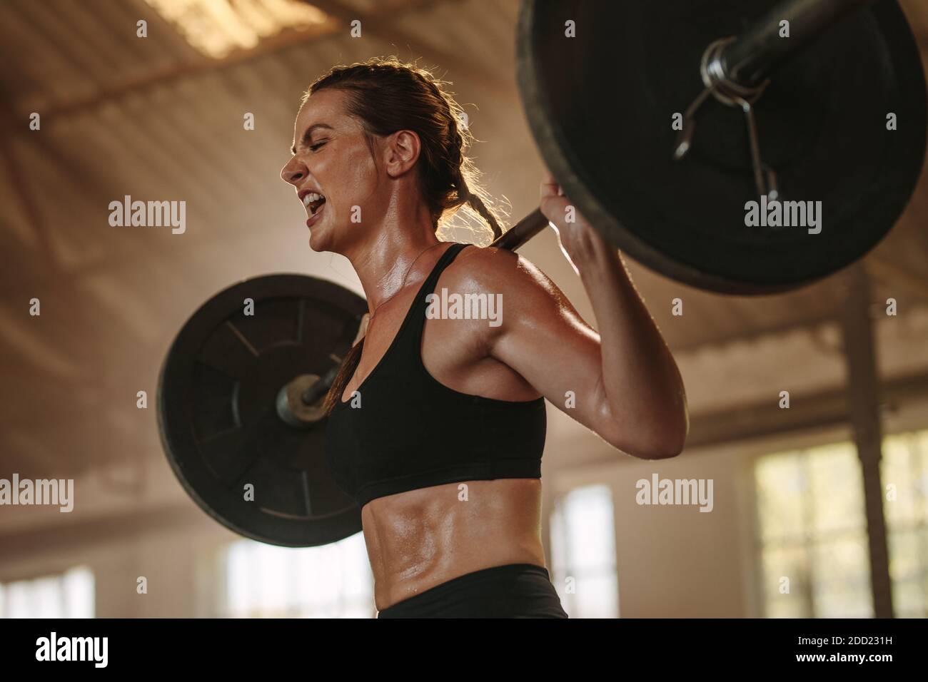 Weibliche Bodybuilderin, die Sport mit schwerer Gewichtsstange macht. Fitness-Frau schwitzt beim Squats-Workout im Fitnessstudio. Weibliche Anstrengung und Schreien während Stockfoto