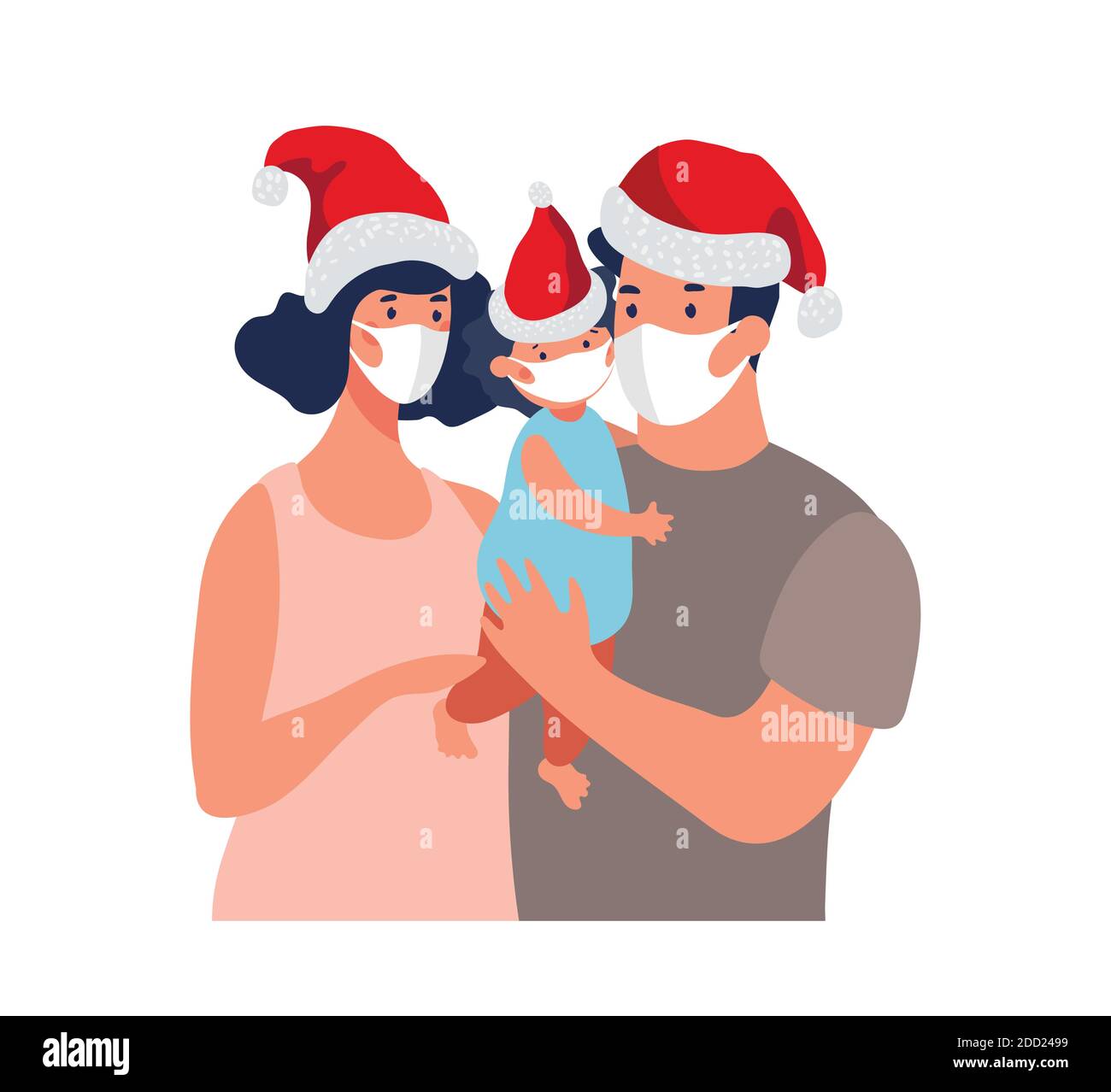 Neujahr und Weihnachten 2021 während der Coronavirus-Pandemie, Familie trägt Santa Hüte und medizinische Masken. Vektor Cartoon Illustration isoliert auf weißem Hintergrund Stock Vektor