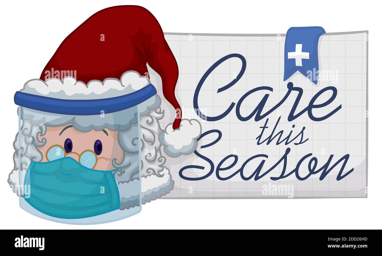 Niedlicher Weihnachtsmann kümmert sich um sich selbst mit Sicherheitsmaßnahmen gegen COVID-19 während der Weihnachtszeit: Richtig tragen einen Gesichtsschutz und Halbmaske. Stock Vektor