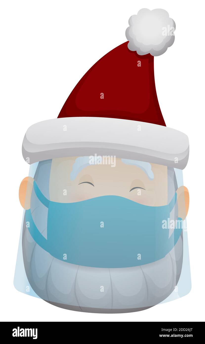 Niedlicher Weihnachtsmann trägt einen Gesichtsschutz und Halbmaske und fördert die Sicherheit gegen COVID-19 zu Weihnachten. Stock Vektor