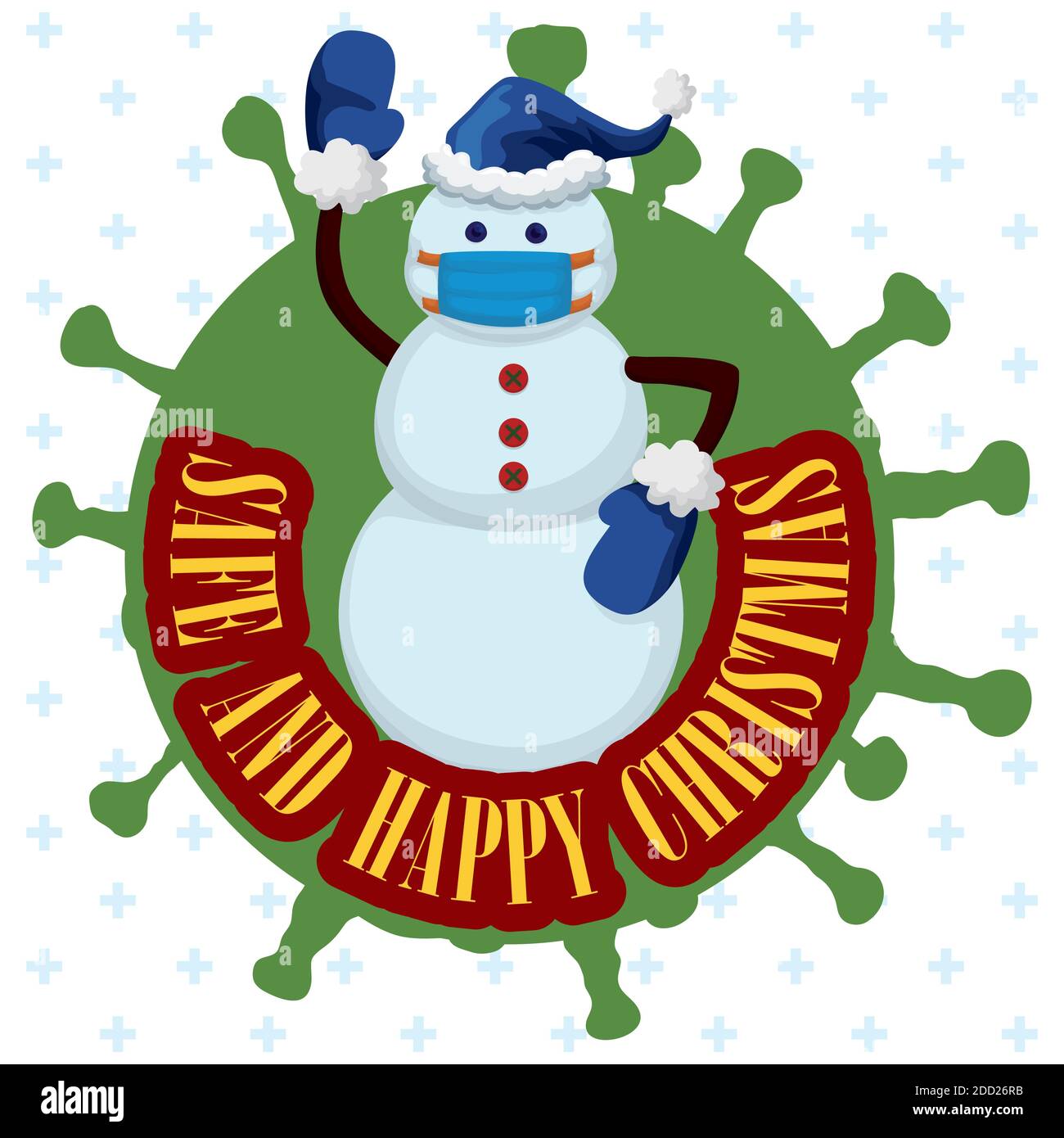 Schneemann mit blauer Halbmaske, Weihnachtsmann Hut und Handschuhe grüßt Sie, und Förderung von Sicherheitsmaßnahmen gegen COVID-19 während der Weihnachtsfeier. Stock Vektor