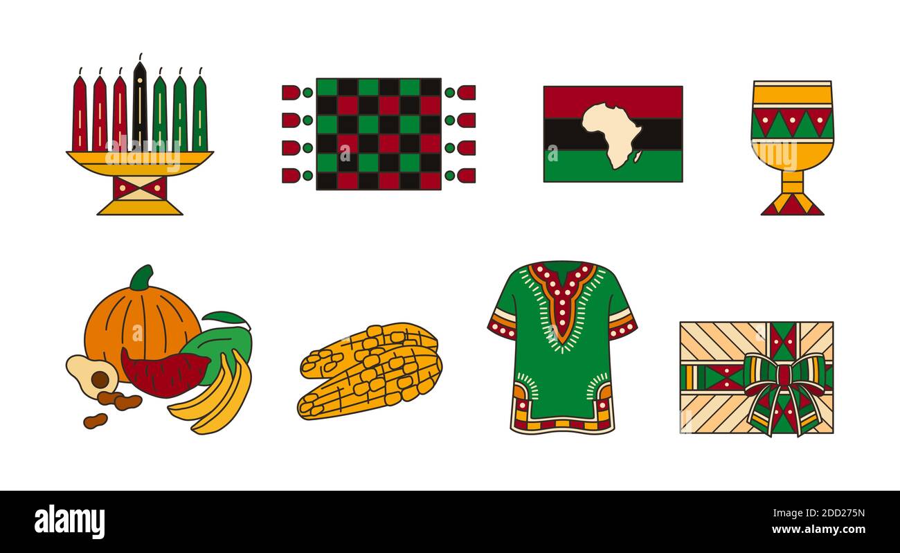 Kwanzaa - Set von soliden Symbolen in hellen Farben. Traditionelle Symbole der afroamerikanischen Einheit. Kinara, Mkeka Matte, Dashiki Hemd, Kente Stil geschenkbox Stock Vektor
