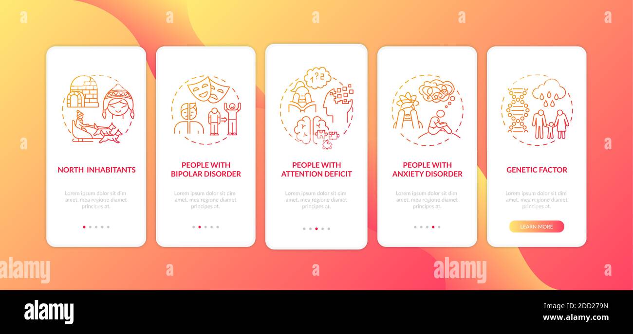 TRAURIGE Risikogruppen Onboarding mobile App Seite Bildschirm mit Konzepten Stock Vektor