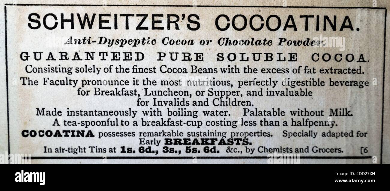 Schweitzer's Cocoatina Anti-dyspeptic Kakao oder Schokoladenpulver 1887 vintage Werbung Britischer Druck Stockfoto