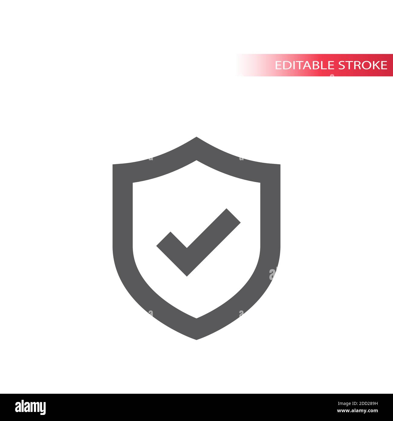 Schild und Häkchen oder Häkchen markieren Vektor-Symbol. Sicherheit, Zeilensymbol des Sicherheitskonzepts mit Häkchen, bearbeitbarer Strich. Stock Vektor