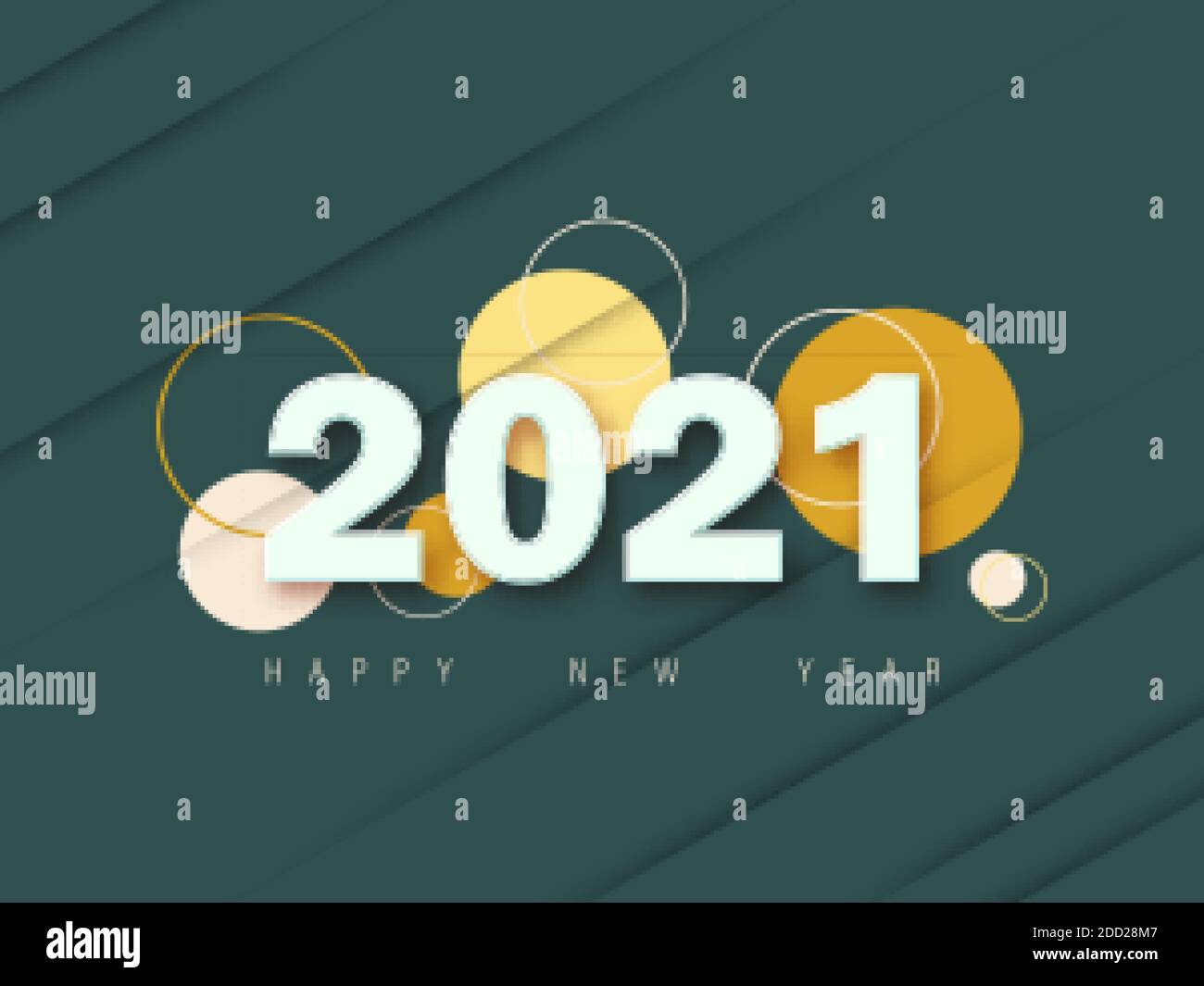 Frohes Neues Jahr 2021. Feierkarte mit Datum auf Kreis bunt auf grünem Hintergrund. Vektorgrafik Stock Vektor