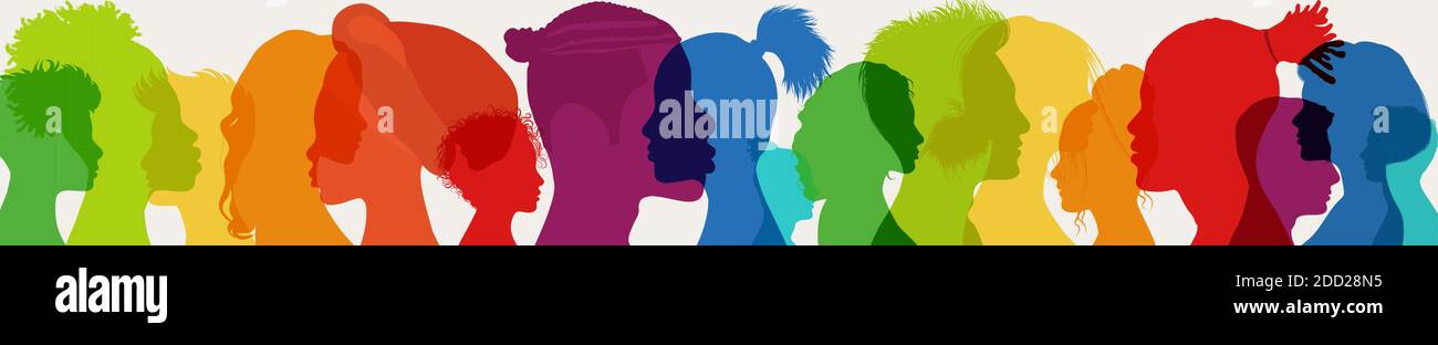Vielfalt multiethnischer Menschen. Rassengleichheit. Gruppe Seite Silhouette Männer und Frauen der verschiedenen Kultur und verschiedenen Ländern. Koexistenz Stock Vektor