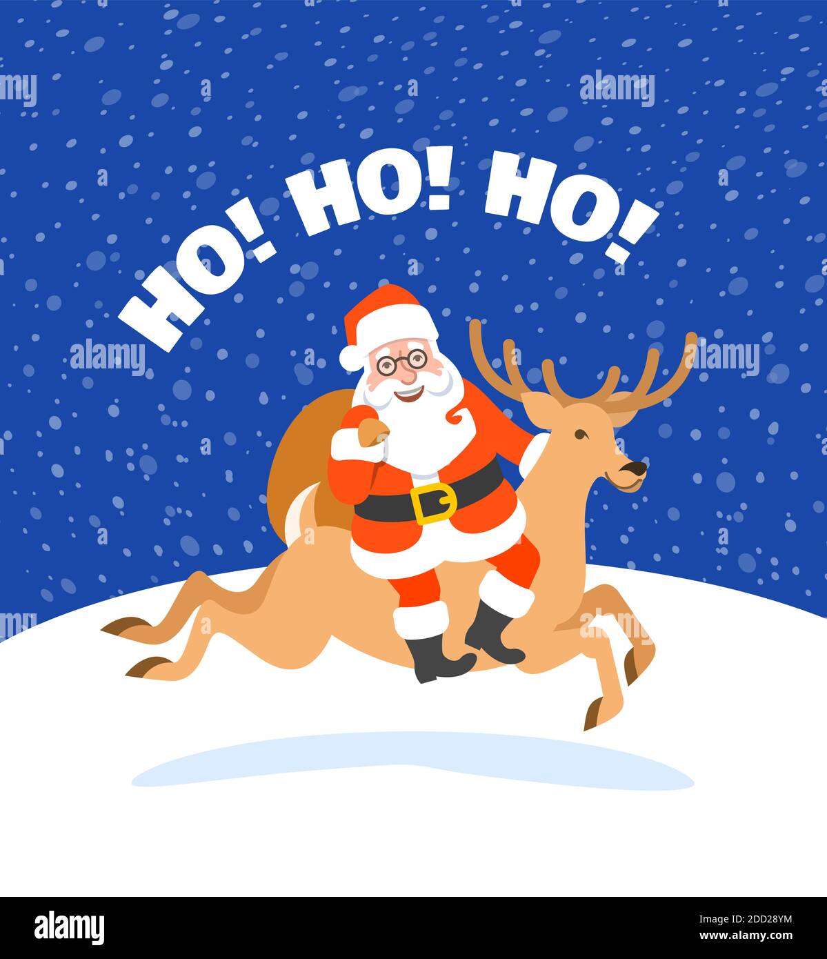Weihnachtsmann Reiten Weihnachtshirsch und hält eine Tasche mit Geschenken. Cartoon Vektorgrafik. Verschneite Heiligabend Nacht. Lustige Weihnachtsgrüße ca Stock Vektor
