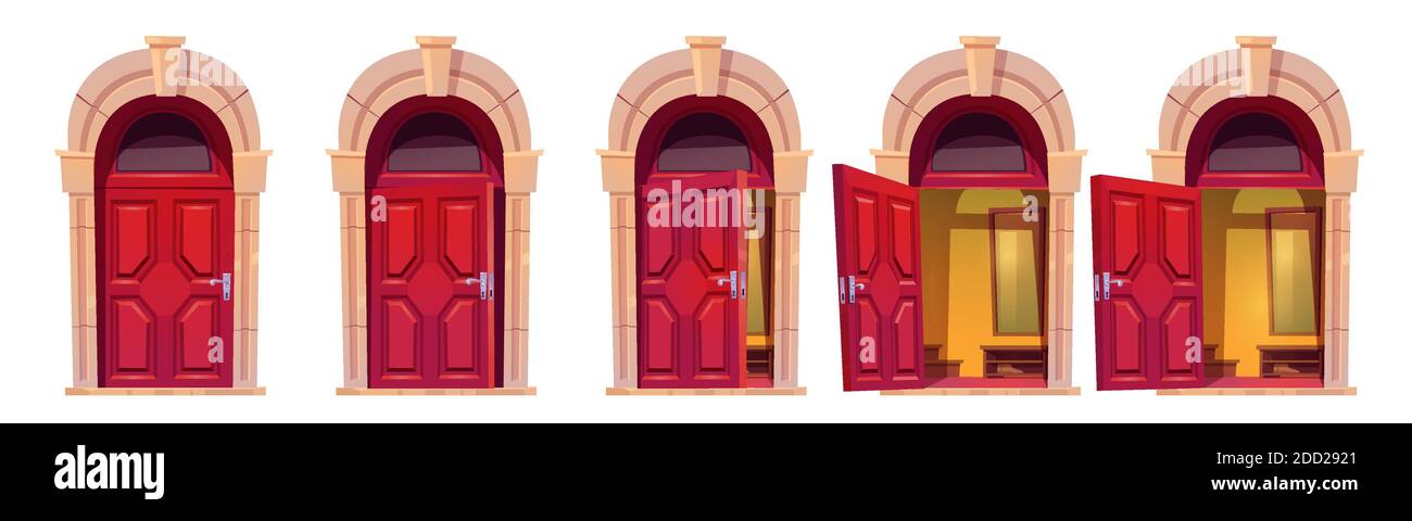 Öffnen rote Haustür mit Steinbogen isoliert auf weißem Hintergrund. Vector Cartoon Satz von Hauseingang, Halle innen hinter geschlossenen, ajar und offenen Türen in Gebäudefassade Stock Vektor