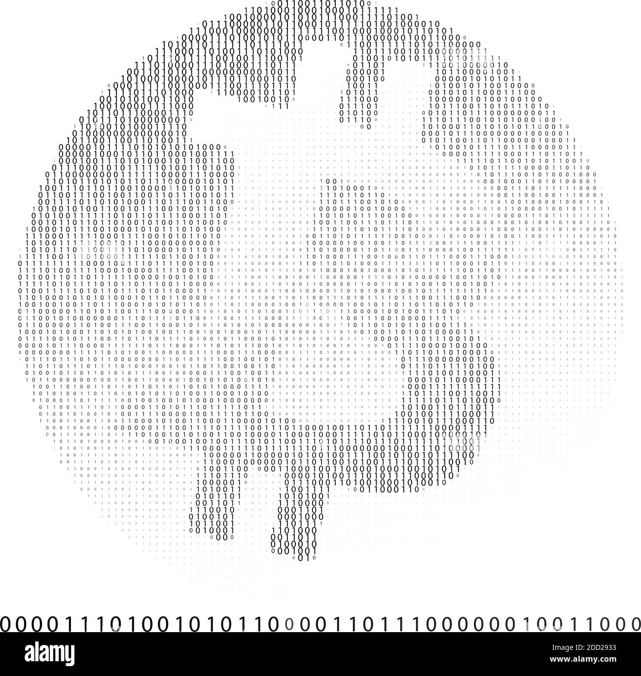 Bitcoin-Logo in binärer Form von Nullen und Einsen. Schwarz-Weiß-Vektorgrafiken mit Halbtoneffekt Stock Vektor