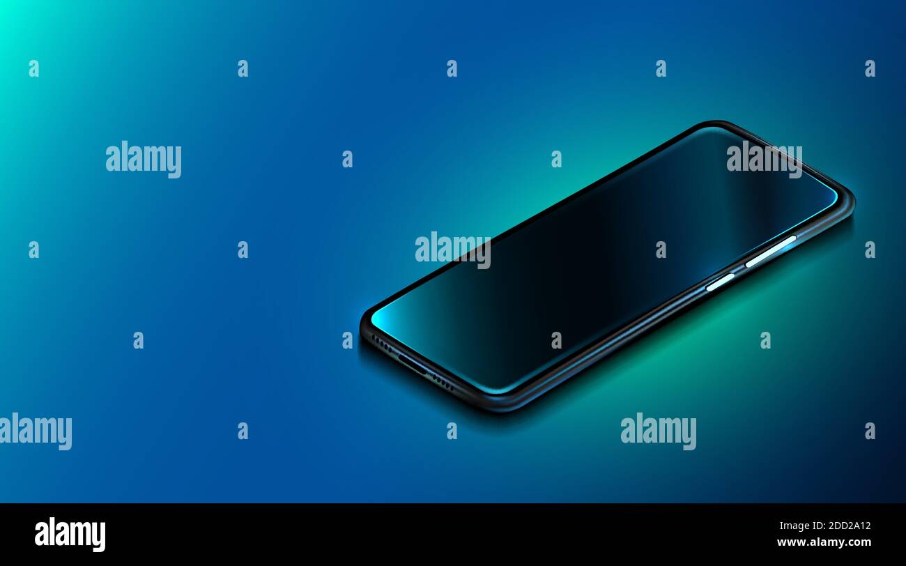 Modernes Smartphone auf dunkelblauem Hintergrund. Realistisches isometrisches Telefon. Modell oder Vorlage glänzend Handy. Vektorgrafik Stock Vektor