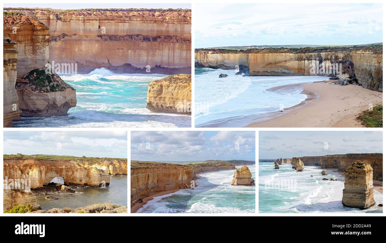 Collage aus Australiens wunderschöner viktorianischer Küste an der Great Ocean Road, einem bekannten Touristenziel Stockfoto