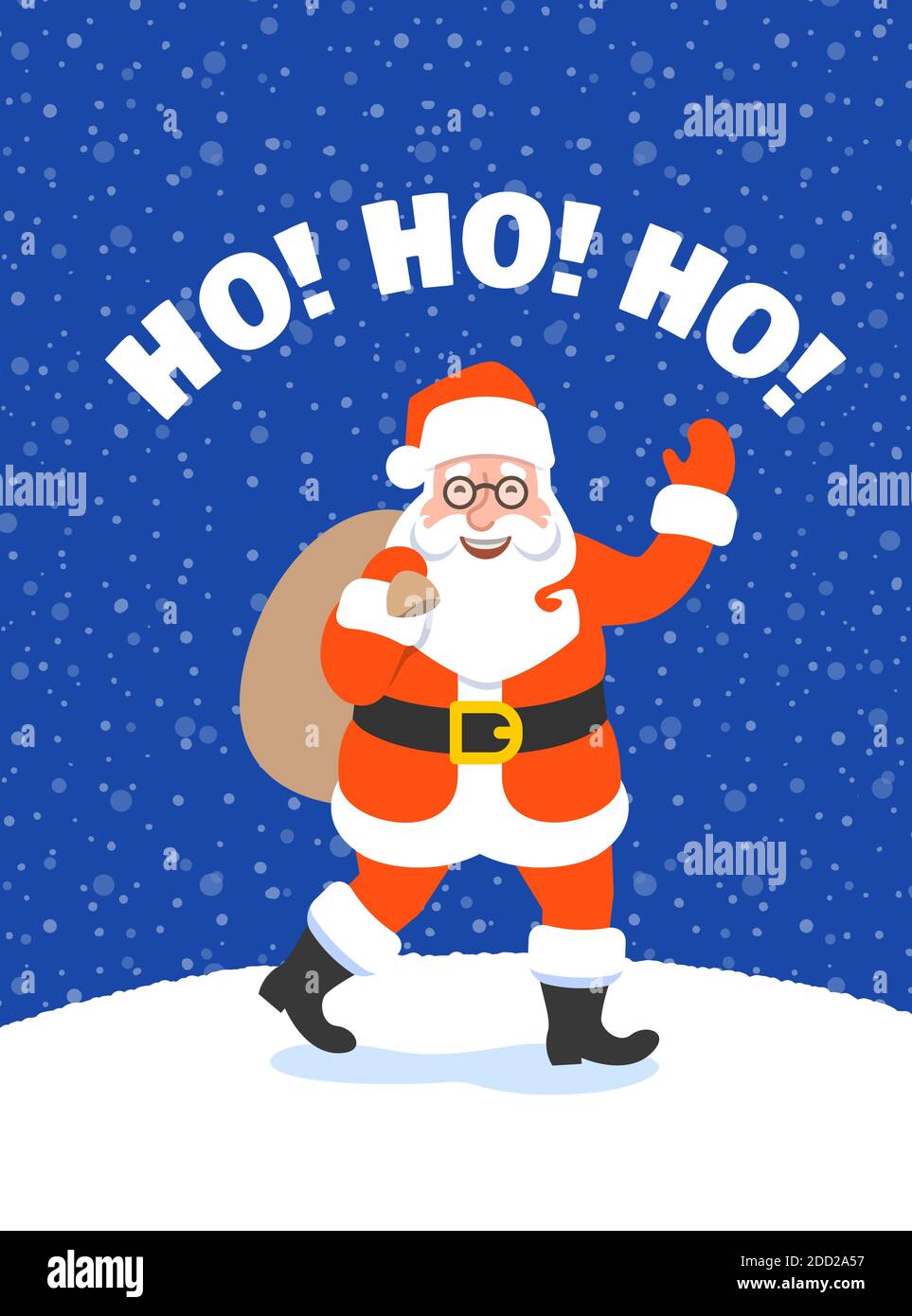 Weihnachtsmann mit einer Tasche voller Geschenke winken Hand und gehen zu Kindern. Cartoon Vektorgrafik. Verschneite Heiligabend Nacht. Lustige Weihnachten Begrütin Stock Vektor