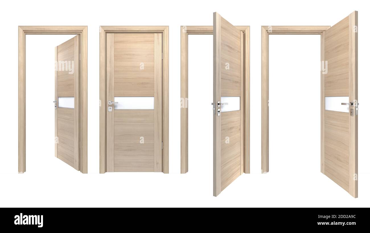 Modernes Set von hellen Kiefernholztüren mit mattem Glasstreifen, isoliert auf Weiß. Einfacher moderner Stil des Inneneingangs für minimalistisches Interio Stockfoto