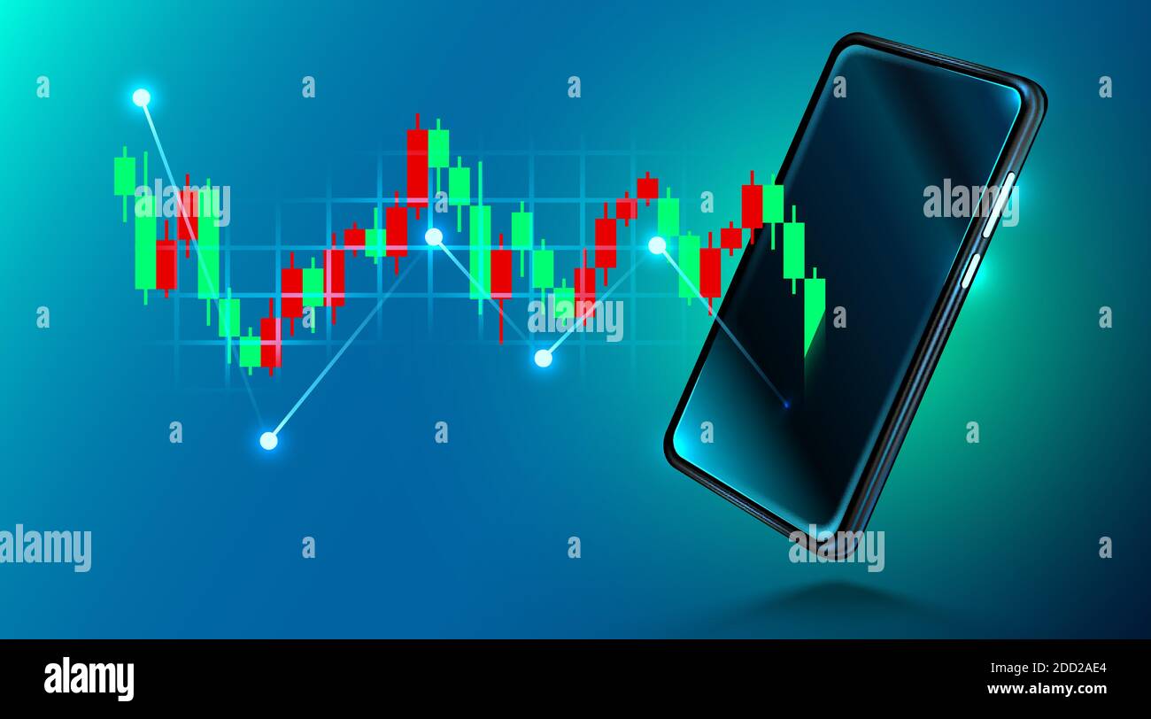 Mobiler Aktienmarkt-Investmenthandel. Finanzanalyse. Mobile Aktienhandelskonzept, Geschäft und Investitionen, Marktanalyse. Candlestick Chart auf dem Smartphone-Bildschirm. Vektorgrafik. Stock Vektor