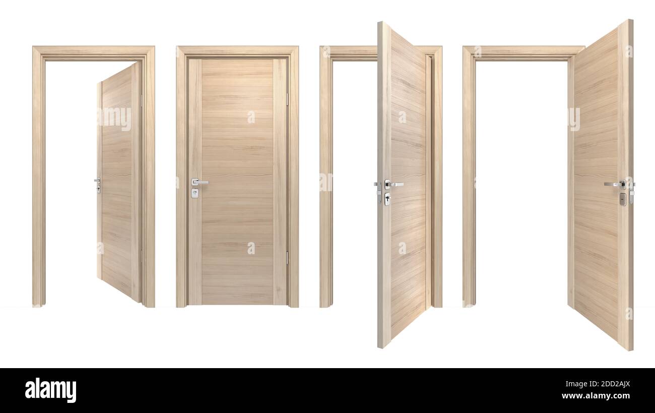 Satz von klassischen Stil Massivholztüren geschlossen und offen außen, innerhalb des Hausraums. Einfache moderne helle Kiefernholztüren für Wohnraumgestaltung Stockfoto