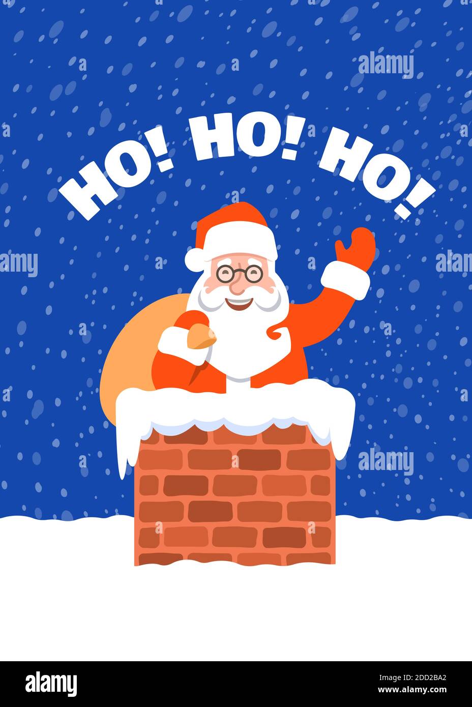 Weihnachtsmann mit Geschenktüte in einem Kamin auf einem Dach. Cartoon Vektorgrafik. Verschneite Heiligabend Nacht. Lustige Weihnachten Grußkarte w Stock Vektor