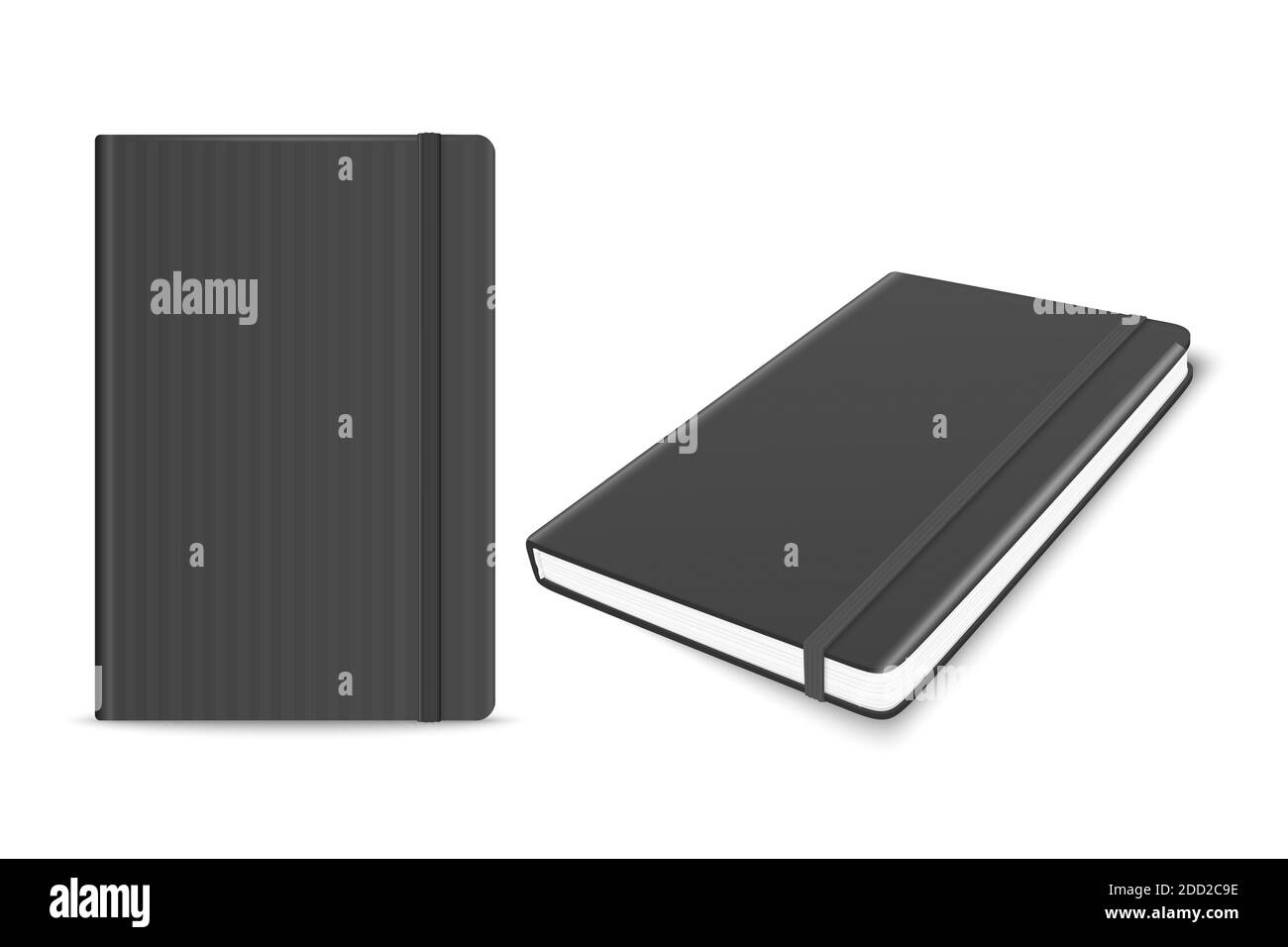 Vektor 3d realistische Schwarz geschlossen Blank Papier Notizbuch mit Lesezeichen gesetzt isoliert auf weißem Hintergrund. Design-Vorlage von Copybook mit Elastic Band Stock Vektor