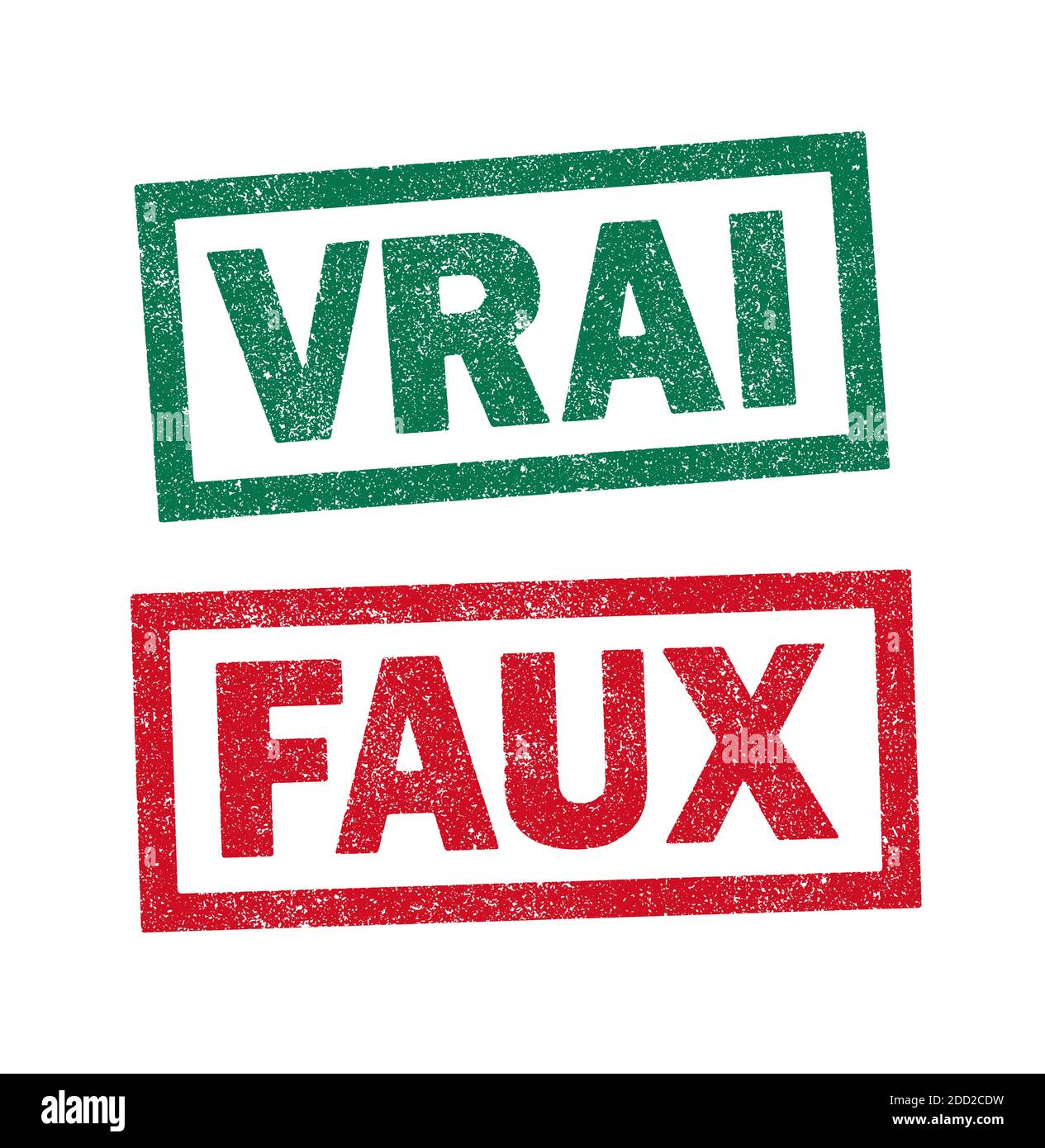 Vektordarstellung der Wörter Vrai und Faux (Rechts 'grün' und falsch 'rot' auf Französisch) In grünen und roten Tintenstempeln Stock Vektor