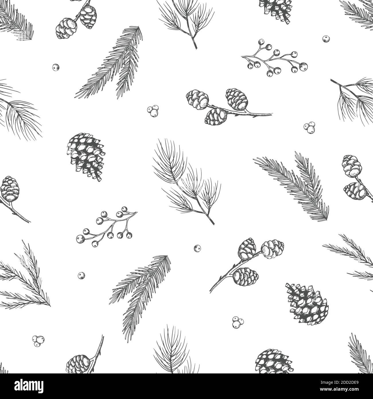 Nahtloses Muster mit handgezeichneten Zapfen, Weihnachtsbaum. Vektorgrafik Weihnachten. Stock Vektor