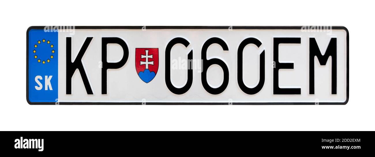 Slowakisches Nummernschild, slowakisches Nummernschild, Kfz-Kennzeichen aus der Slowakischen Republik. Slowakei Europa. Stockfoto