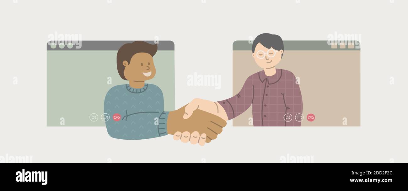 Videokonferenz. Zwei Männer kommunizieren über Videokommunikation. Handshake über das Internet. Ferngespräche Geschäftskonferenz Konzept..Vektor Illustration s Stock Vektor