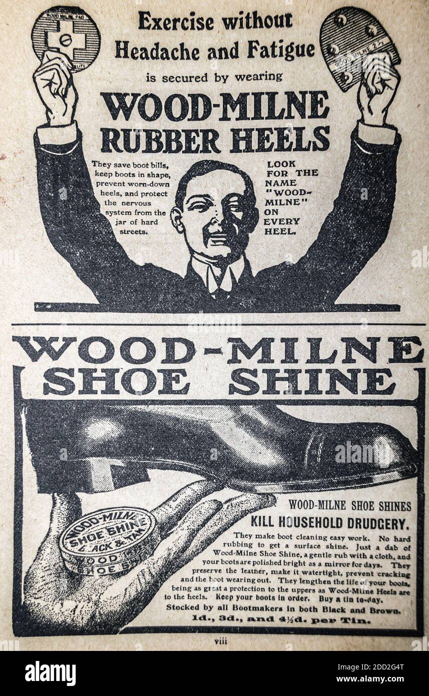 Wood-Milne Rubber Heels und Shoe Shine um 1905 Werbung Stockfoto