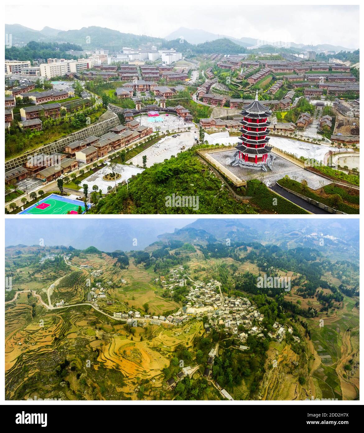 (201124) -- GUIYANG, 24. November 2020 (Xinhua) -- In diesem Combo-Foto zeigt das obere Luftbild, das am 6. Juni 2019 von Yang Wenbin aufgenommen wurde, das neue Aussehen der Stadt Ameiqituo und das untere Luftbild, das 2017 von Wen Sen aufgenommen wurde, zeigt das Dorf Sanbao vor der Umsiedlung im Landkreis Qinglong, südwestlich der Provinz Guizhou in China. China hat das Kunststück erreicht, alle verbliebenen Landkreise von der Armutsliste des Landes zu entfernen. Die letzten neun verarmten Landkreise, alle in der südwestlichen chinesischen Provinz Guizhou, haben die absolute Armut beseitigt, teilte die Provinzregierung am Montag mit. Das bedeutet, dass alles Stockfoto