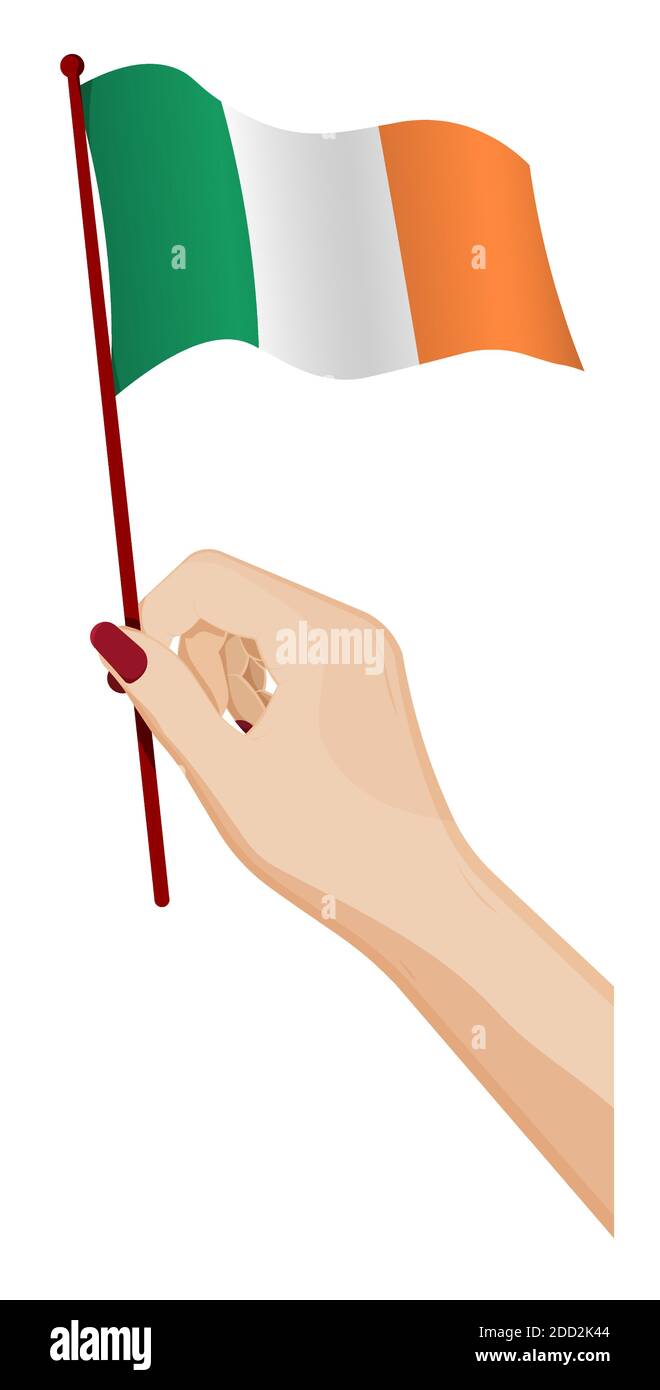 Weibliche Hand hält sanft kleine Flagge von irland. Design-Element Urlaub. Cartoon-Vektor auf weißem Hintergrund Stock Vektor