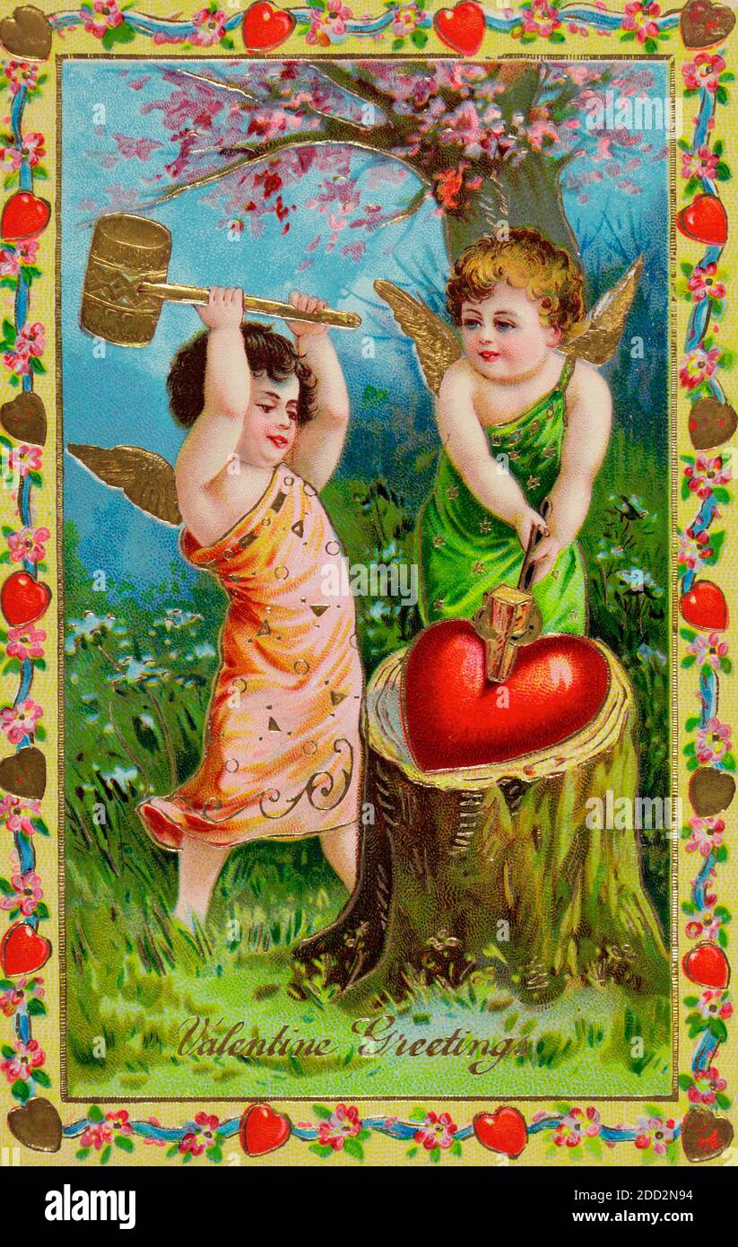 Eine Spitze in ein Herz treiben - Valentine’s Day Vintage Postkarte Stockfoto