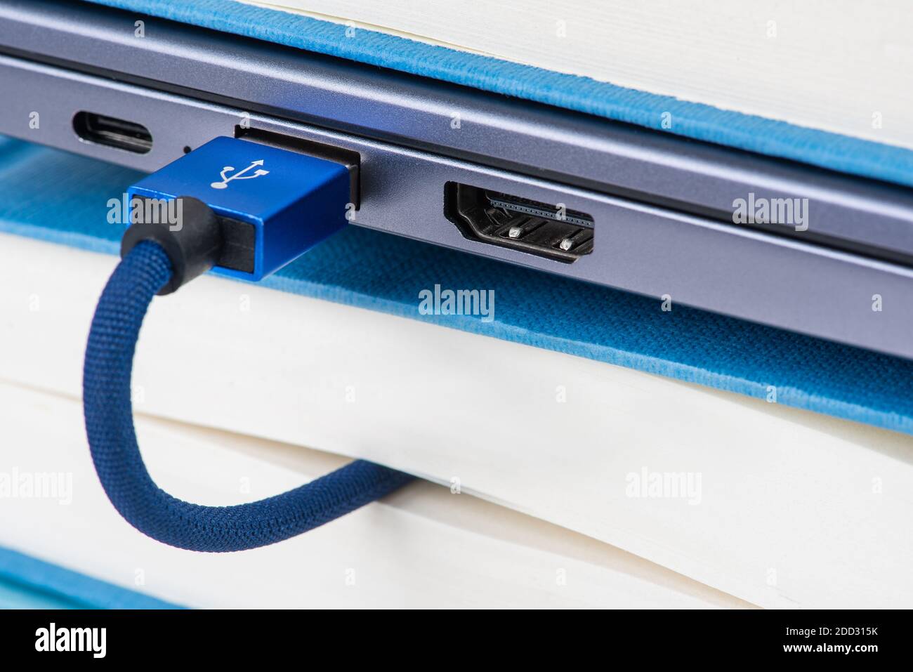 USB-Kabel an Bücher angeschlossen, Remote- und E-Learning-Konzept Stockfoto