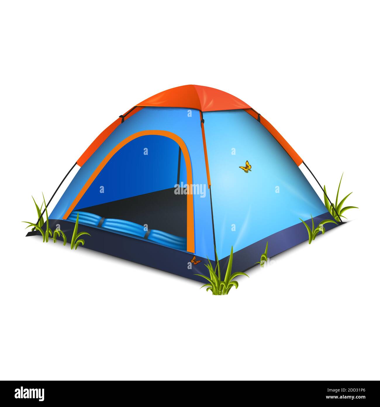 3d realistische Vektor-Symbol Illustration von blauem Zelt mit Schmetterlingen und Gras um. Isoliert auf weißem Hintergrund. Stock Vektor