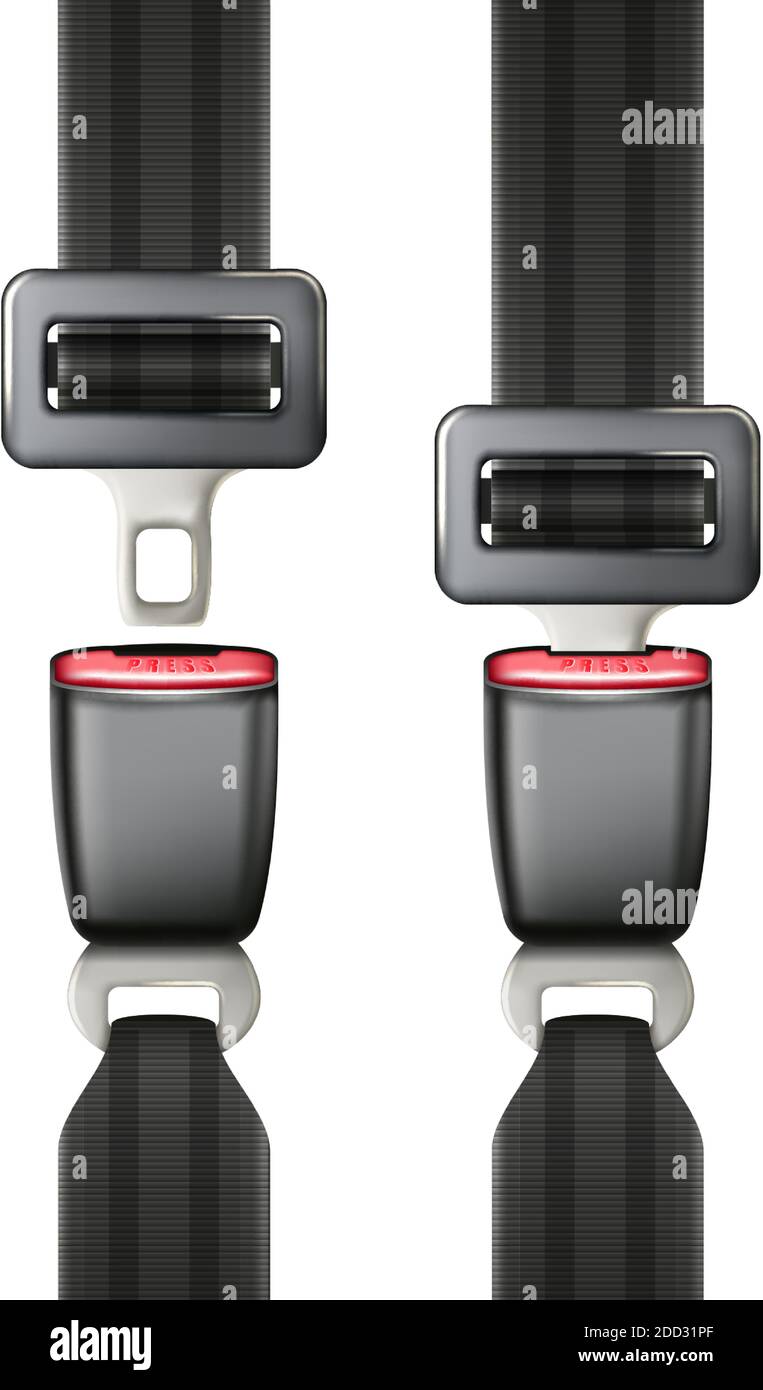 3d realistische Vektor Sicherheit Auto Gürtel auf weißem Hintergrund befestigt und nicht. Stock Vektor