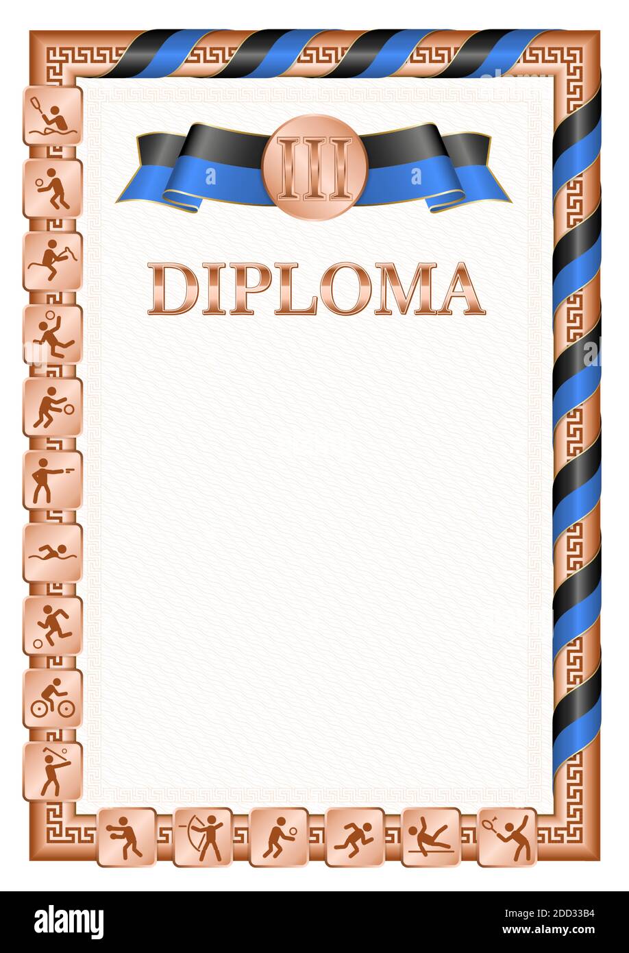 Vertikale Diplom für den dritten Platz in einem Sportwettbewerb, Bronze Farbe mit einem Band die Farbe der Flagge von Tonga. Vektorbild. Stock Vektor