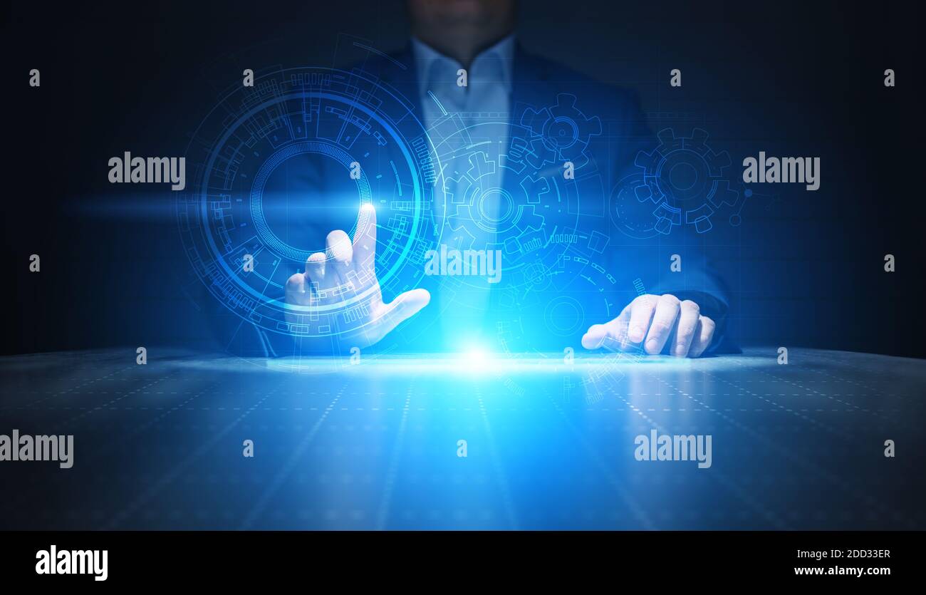 Copyspace Blueprint, Zeichnung, Design, CAD auf virtuellem Bildschirm. Hintergrund für Technologie, Business Industrial Concept Stockfoto