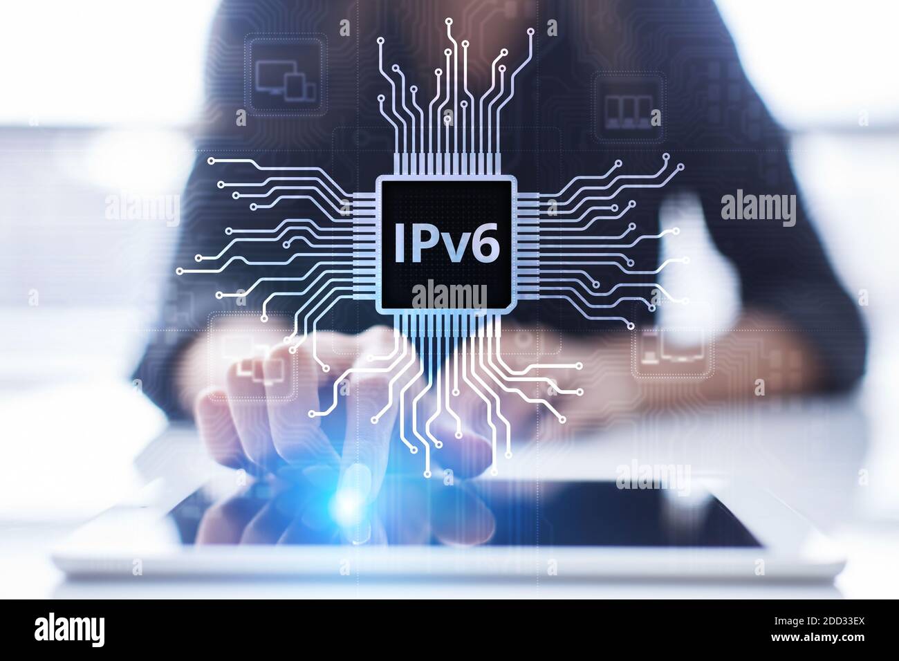 IPv6-Netzwerkprotokoll Standard-Internet-Kommunikationskonzept auf virtuellen Bildschirm Stockfoto