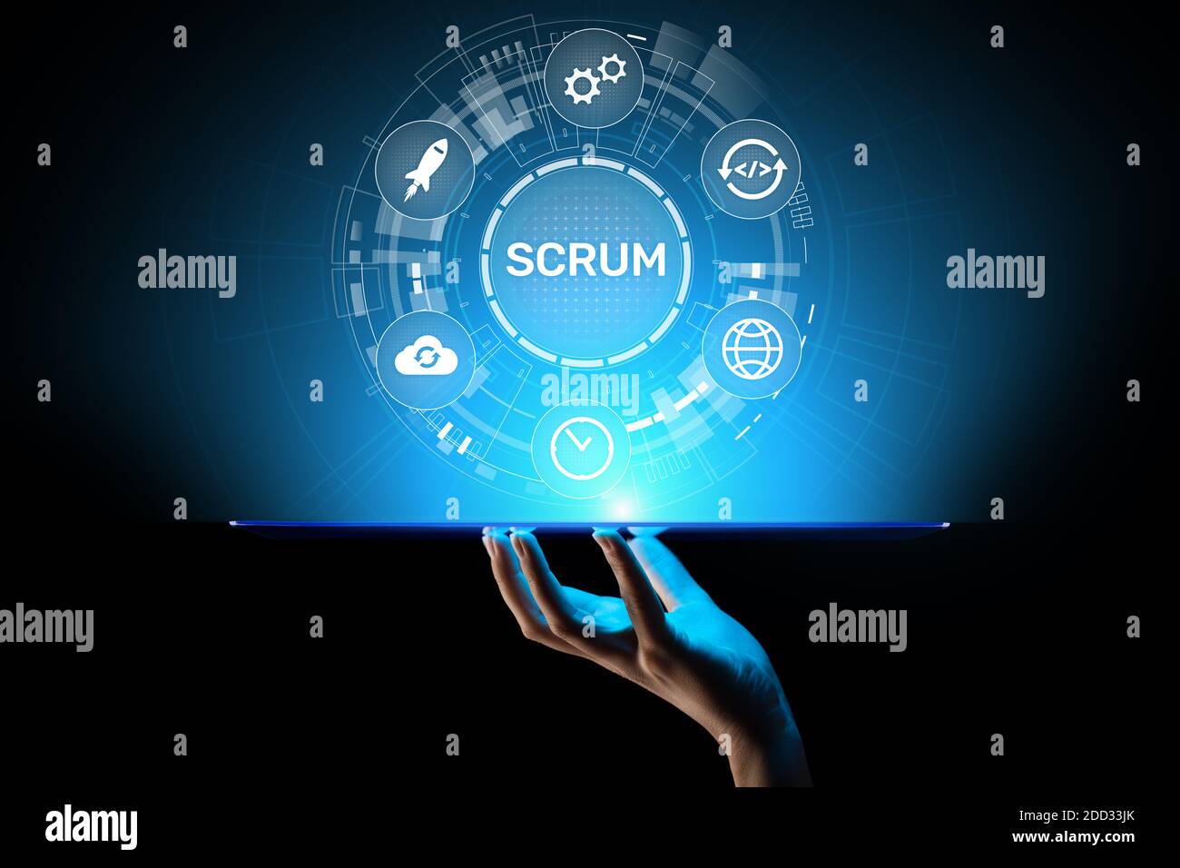 Scrum, Agile Development Methodology, Programming and Application Design Technology Concept on Virtual Screen Stockfoto