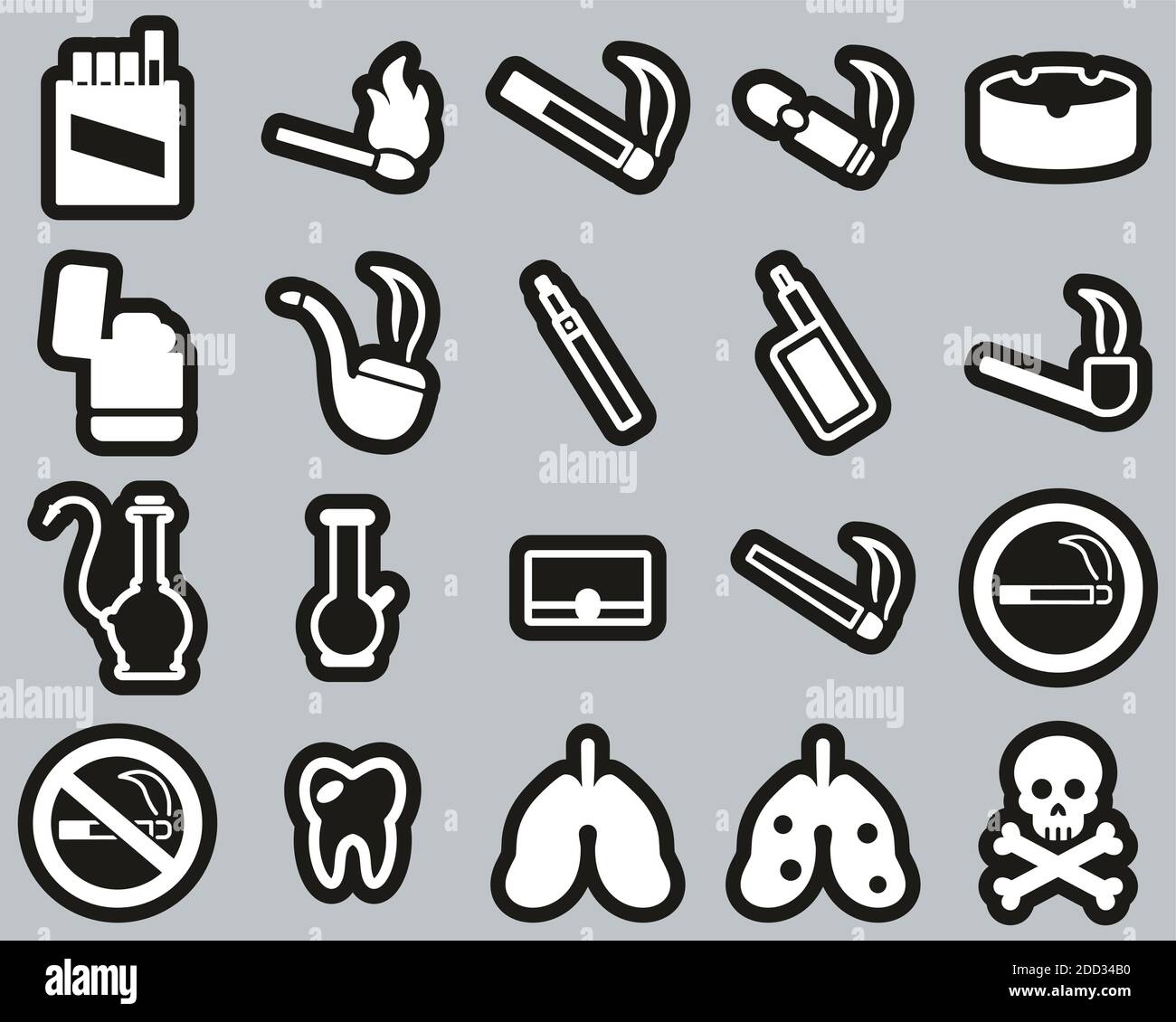Raucher Oder Raucher Suchtsymbole Weiß Auf Schwarz Sticker Set Groß Stock Vektor