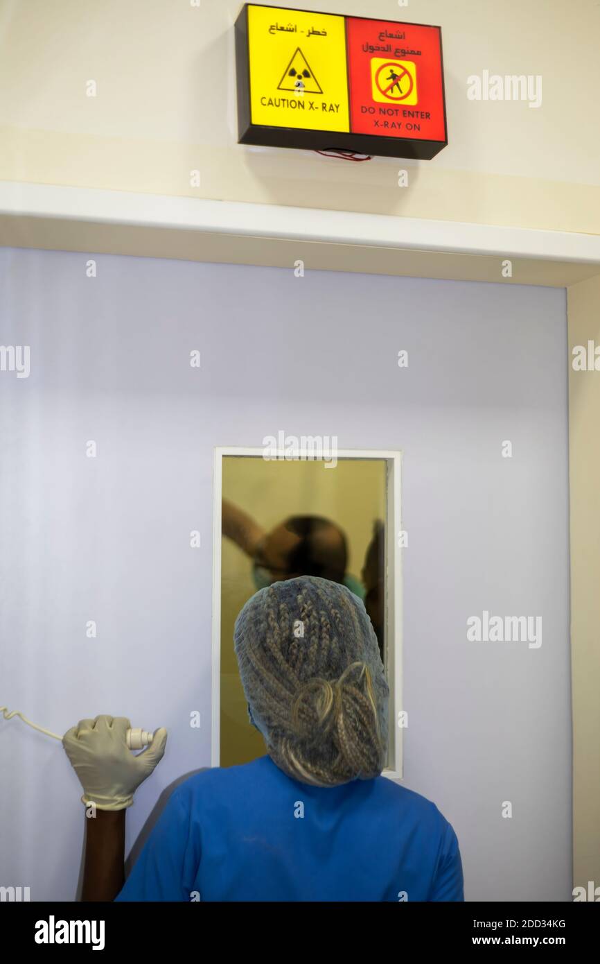 Eine Tierpflegerin wartet außerhalb eines Röntgenraums auf einen Tierarzt, um eine Röntgenaufnahme eines Tieres zu vervollständigen Stockfoto